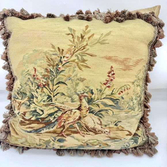 The Unbranded Brand Other - Vintage Handwoven Aubusson Pillow Cover 24x24 Wool Pheasant Floral Gold Fringe